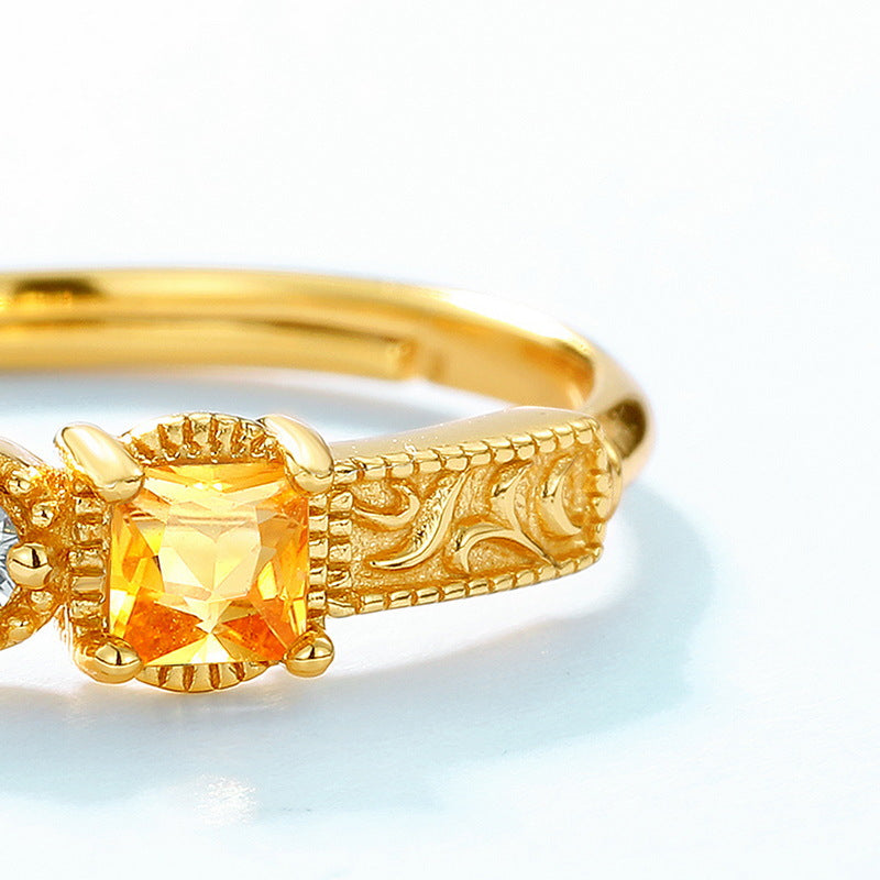 S925 Sterling Silver Jewelry Ring Natural Citrine Gemstone Geometric Style Simple Luxury Rings