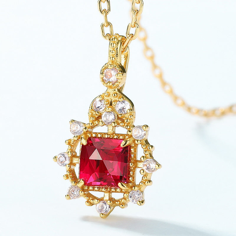 S925 Sterling Silver Jewelry Pendants Red Corundum Gemstone Palace Style Necklace Charms