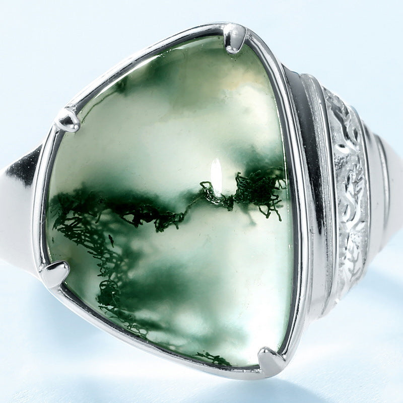 S925 Sterling Silver Jewelry Ring Natural Moss Agate Gemstone Irregular Vintage Style Rings