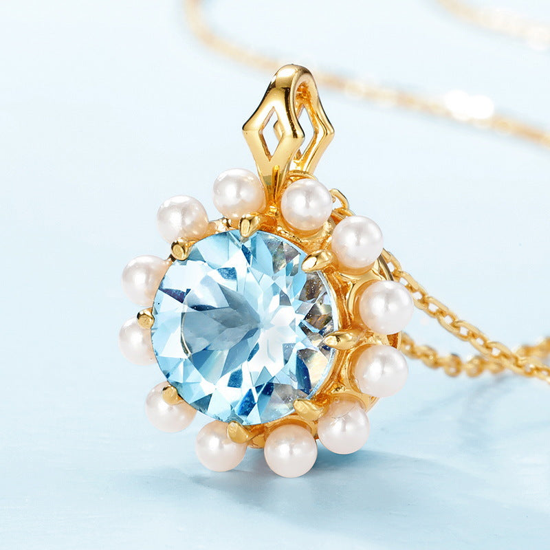 S925 Sterling Silver Jewelry Pendants Natural Sky Blue Topaz Gemstone Pearl Necklace Charms