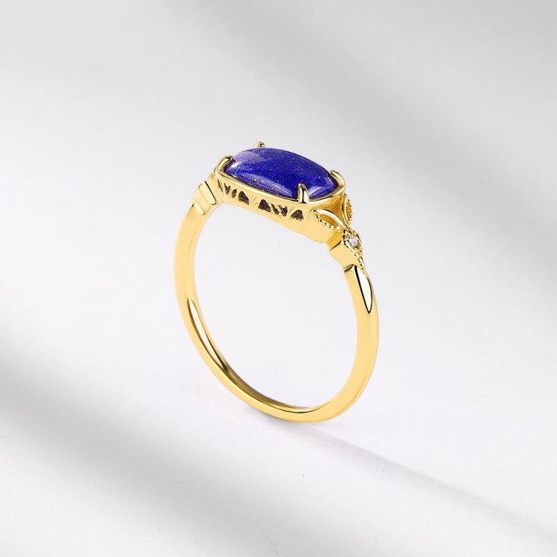 S925 Sterling Silver Jewelry Ring Natural Lapis Lazuli Gemstone Vintage Style Elegant Rings