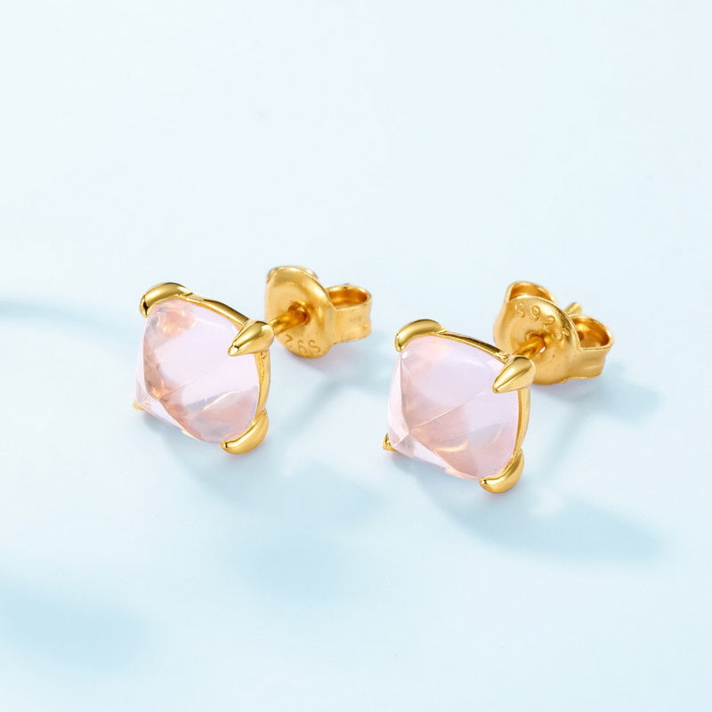 S925 Sterling Silver Jewelry Earrings Natural Rose Quartz Fashion Style Stud Earrings