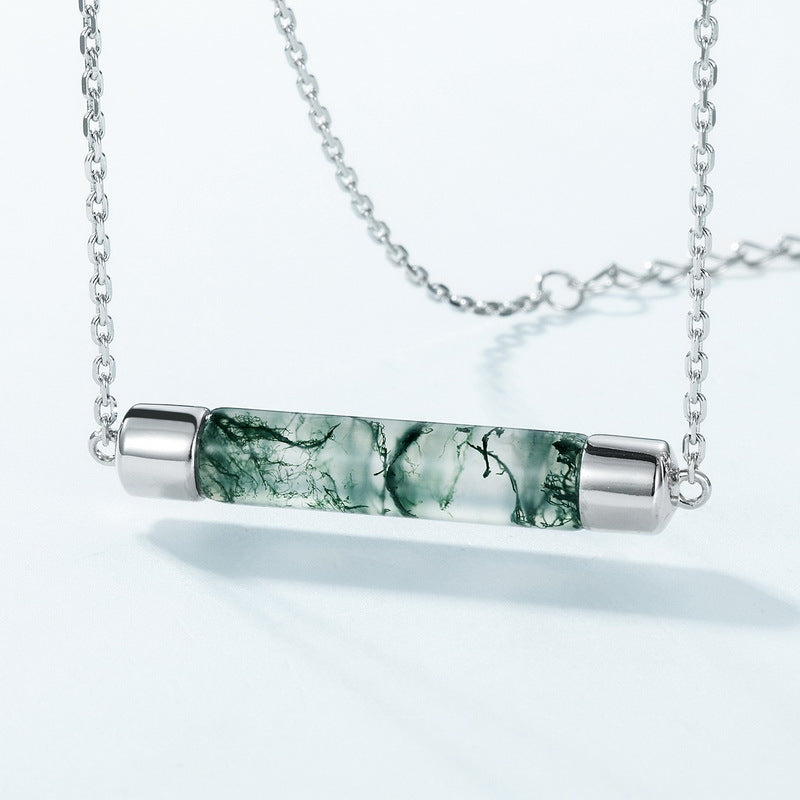 S925 Sterling Silver Jewelry Necklace Natural Moss Agate Gemstone Geometric Charms Necklace