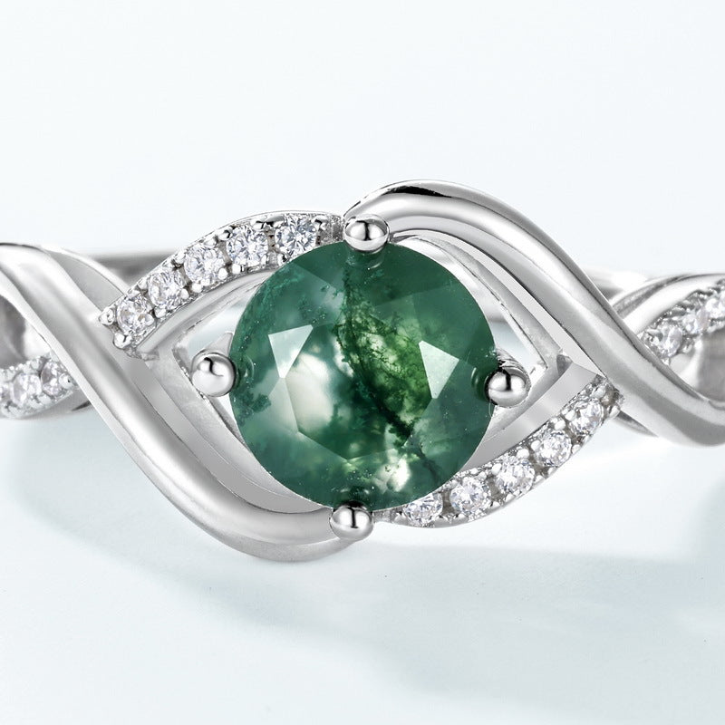 S925 Sterling Silver Jewelry Ring Natural Moss Agate Gemstone Wave Style Simple Luxury Rings