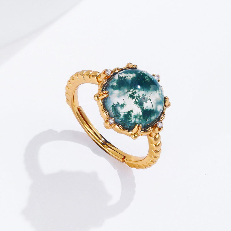 S925 Sterling Silver Jewelry Ring Natural Moss Agate Gemstone Gold Plating Fashion Rings