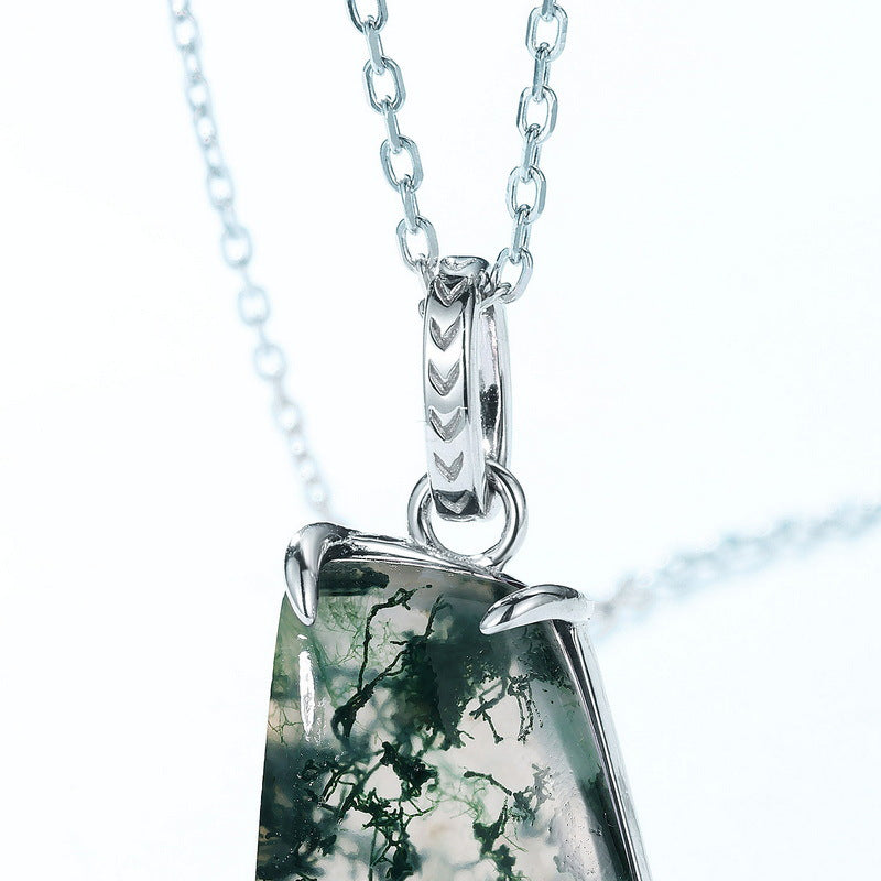 S925 Sterling Silver Jewelry Pendant Natural Moss Agate Gemstone Irregular Style Necklace Charms