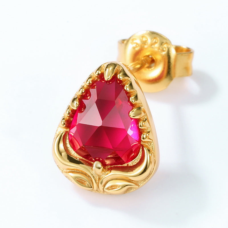 S925 Sterling Silver Jewelry Earrings Red Corundum Gemstone Waterdrop Style Stud Earrings