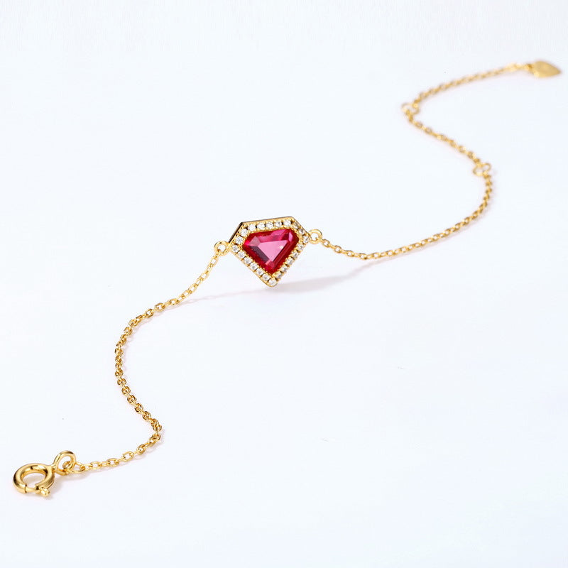 S925 Sterling Silver Jewelry Bracelet Red Corundum Gemstone Shield Style Bracelets
