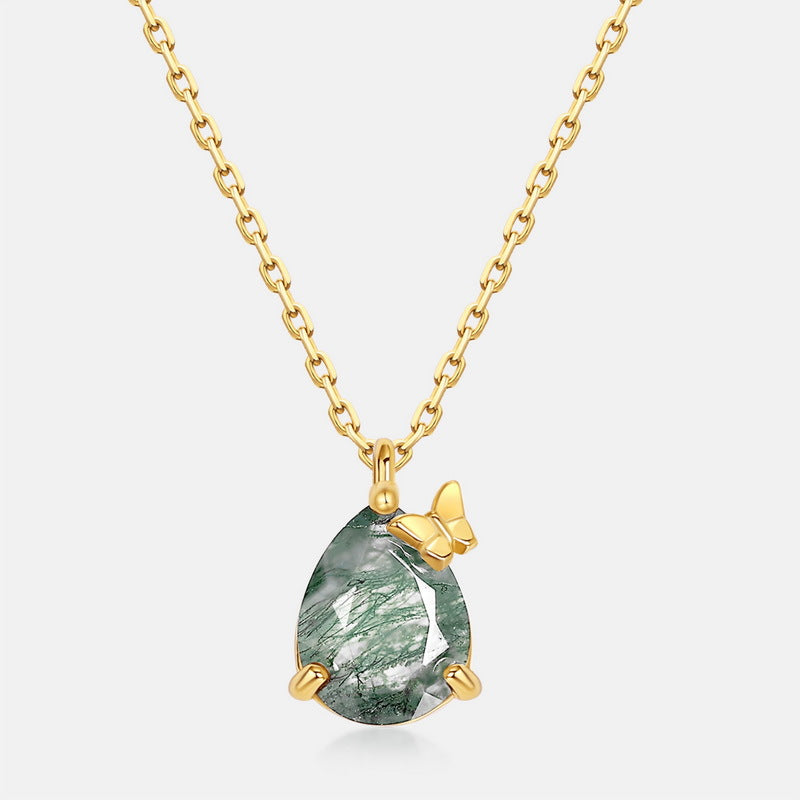 S925 Sterling Silver Jewelry Necklace Natural Moss Agate Gemstone Water Drop Charms Necklace