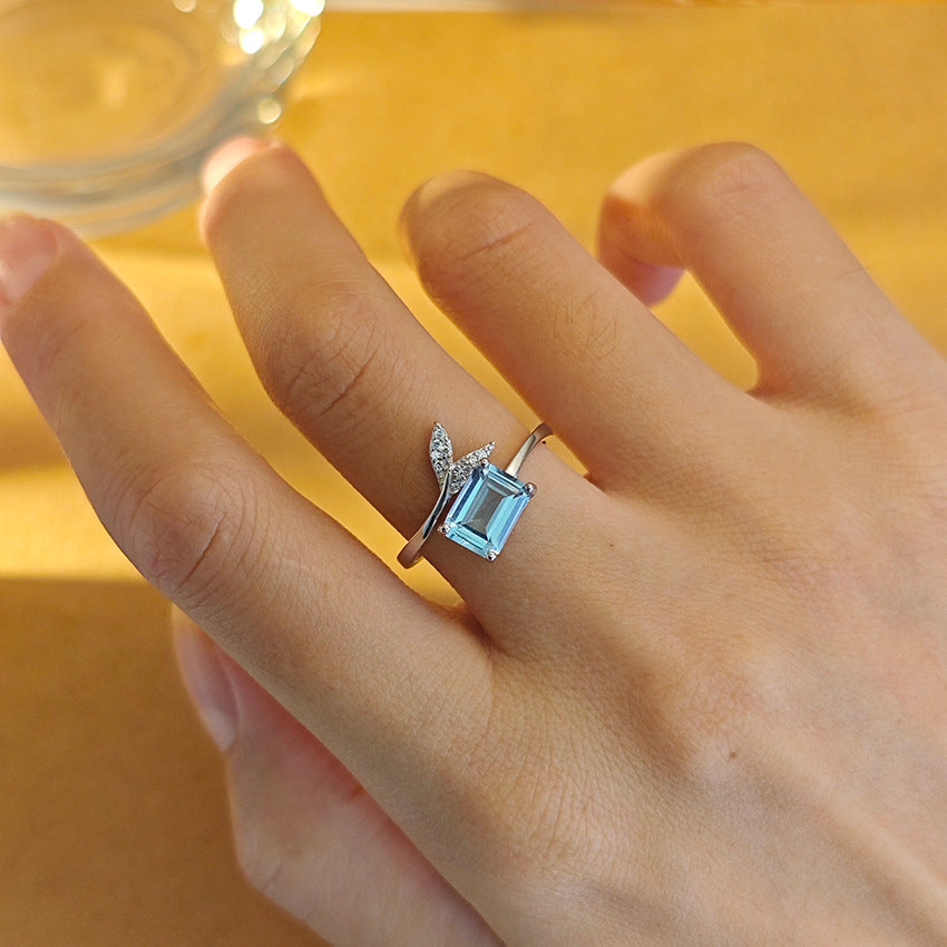 S925 Sterling Silver Jewelry Ring Natural Blue Topaz Gemstone Fishtail Style Simple Luxury Rings