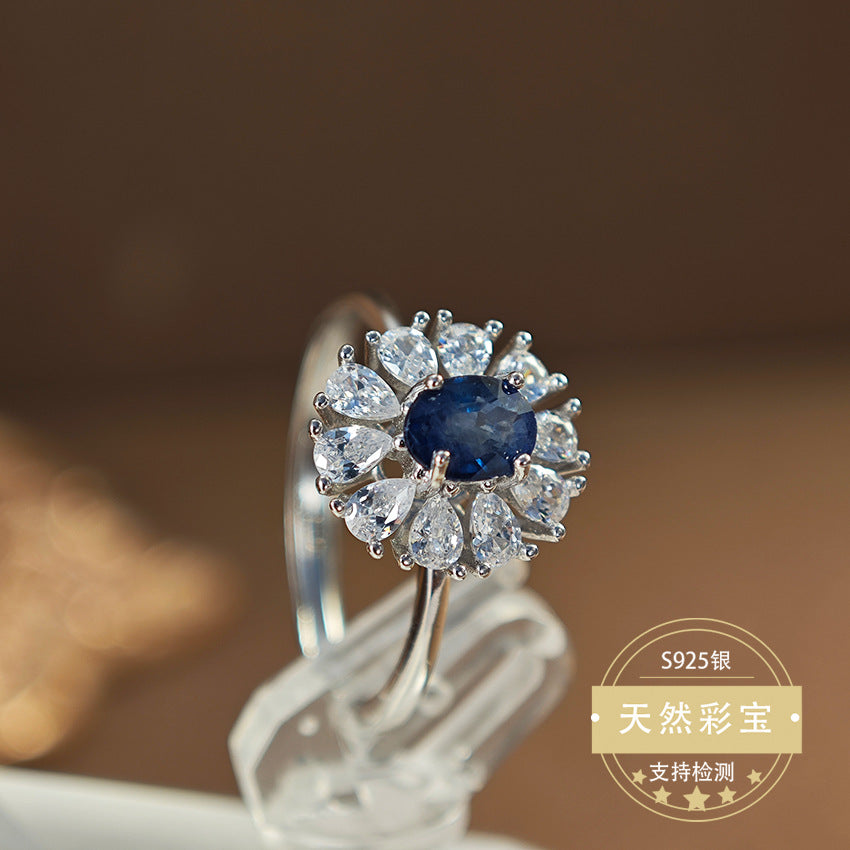 S925 Sterling Silver Jewelry Ring Natural Sapphire Gemstone Floral Style Fashion Luxury Rings