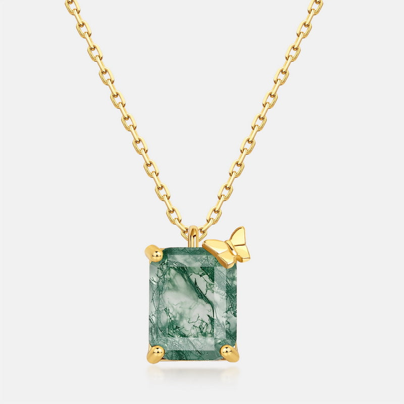S925 Sterling Silver Jewelry Necklace Natural Moss Agate Gemstone Geometric Charms Necklace