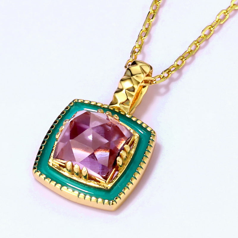 S925 Sterling Silver Jewelry Pendants Natural Amethyst Gemstone Enamel Necklace Charms