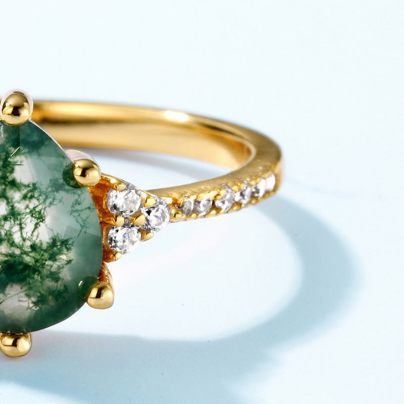S925 Sterling Silver Jewelry Ring Natural Moss Agate Gemstone Unique Design Rings