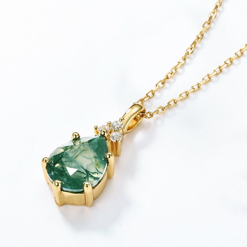 S925 Sterling Silver Jewelry Pendant Natural Moss Agate Gemstone Water Drop Necklace Charms