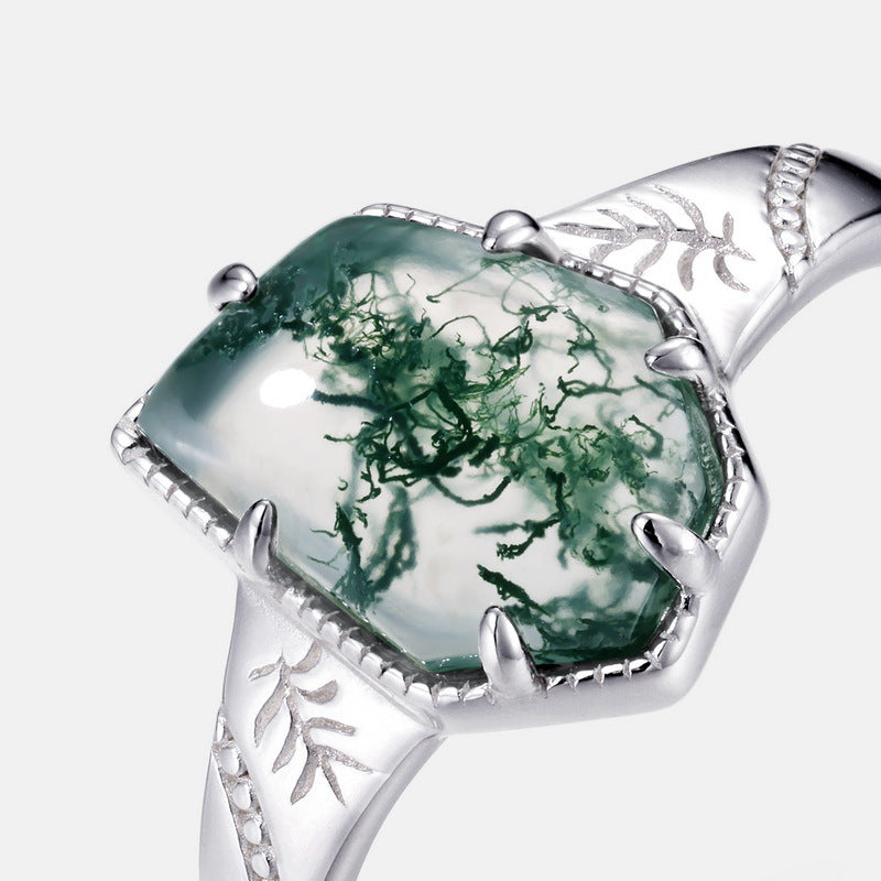 S925 Sterling Silver Jewelry Ring Natural Moss Agate Gemstone Irregular Simple Luxury Rings