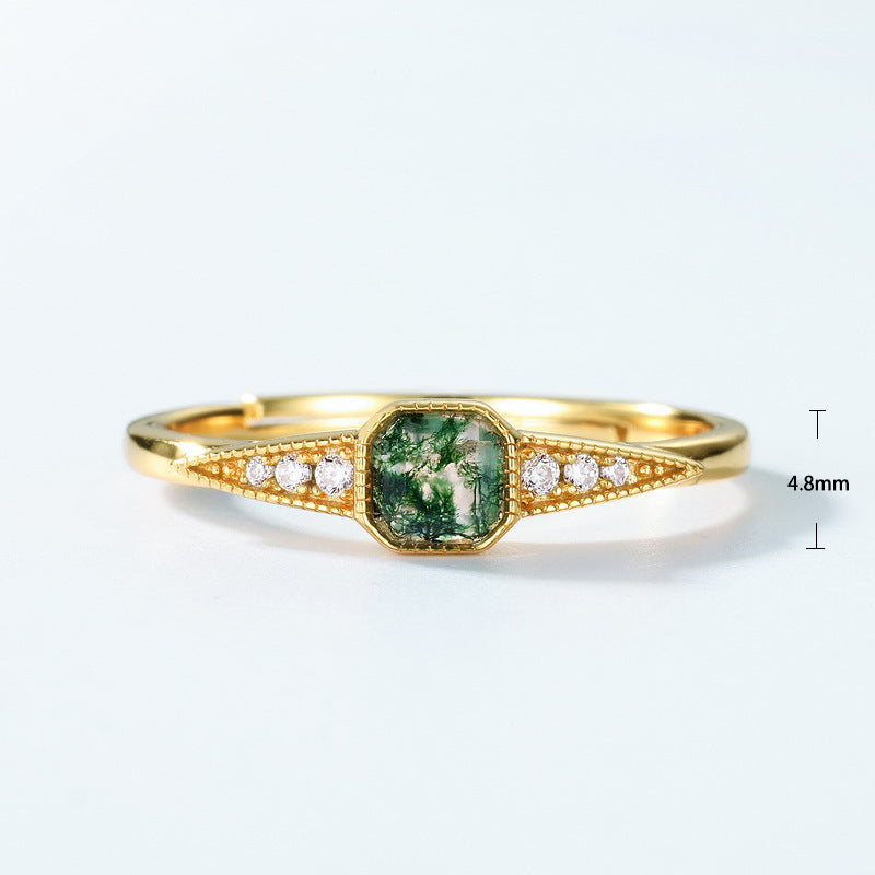 S925 Sterling Silver Jewelry Ring Natural Moss Agate Gemstone Vintage Palace Style Rings