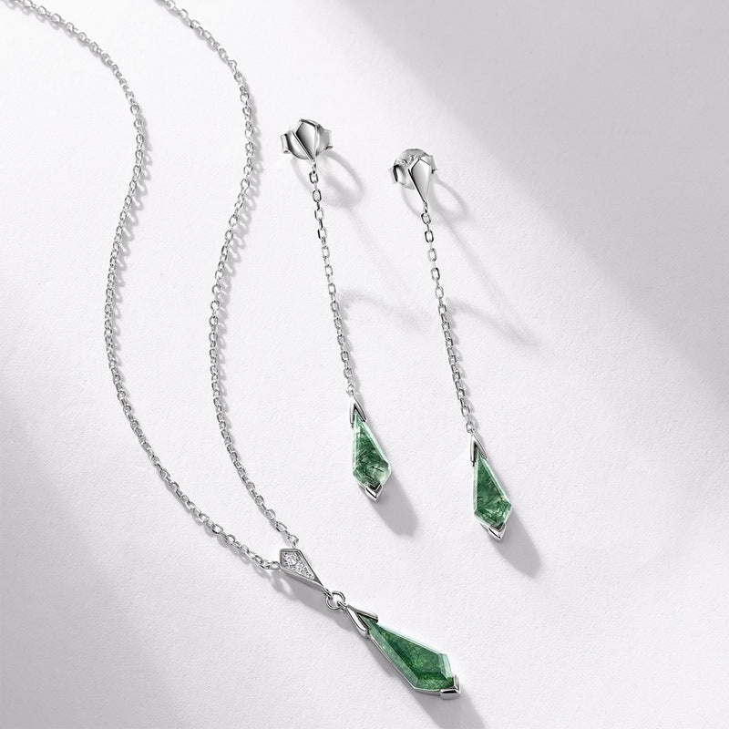 S925 Sterling Silver Jewelry Earrings Natural Moss Agate Gemstone Pendant Drop Earrings