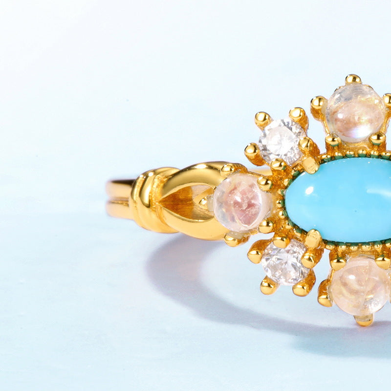 S925 Sterling Silver Jewelry Ring Natural Turquoise Gemstone Vintage Palace Style Rings