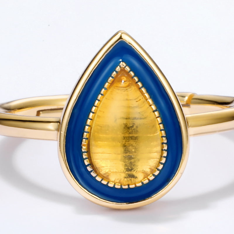 S925 Sterling Silver Jewelry Ring Natural Amber Vintage Enamel Water Drop Style Rings