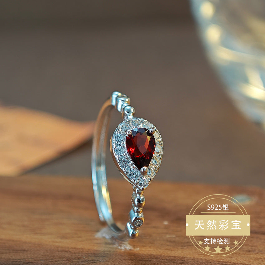 Natural Garnet Gemstone Fine Jewelry 925 Sterling Silver Water Drop Vintage Style Rings