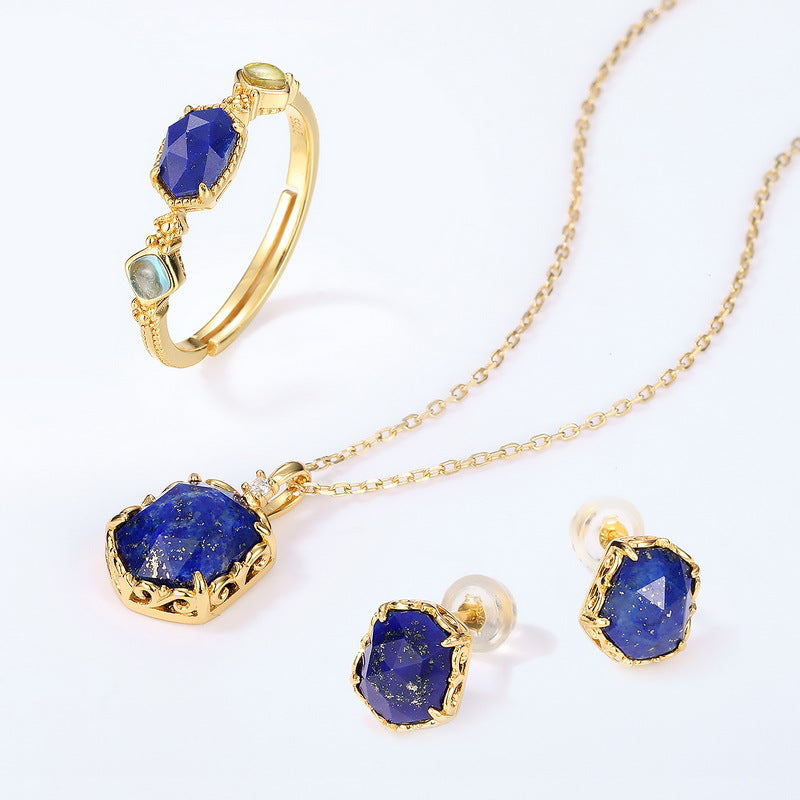 S925 Sterling Silver Jewelry Pendants Natural Lapis Lazuli Gemstone Geometric Necklace Charms