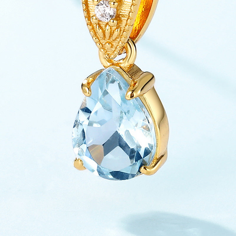 S925 Sterling Silver Jewelry Pendants Natural Sky Blue Topaz Water Drop Style Necklace Charms