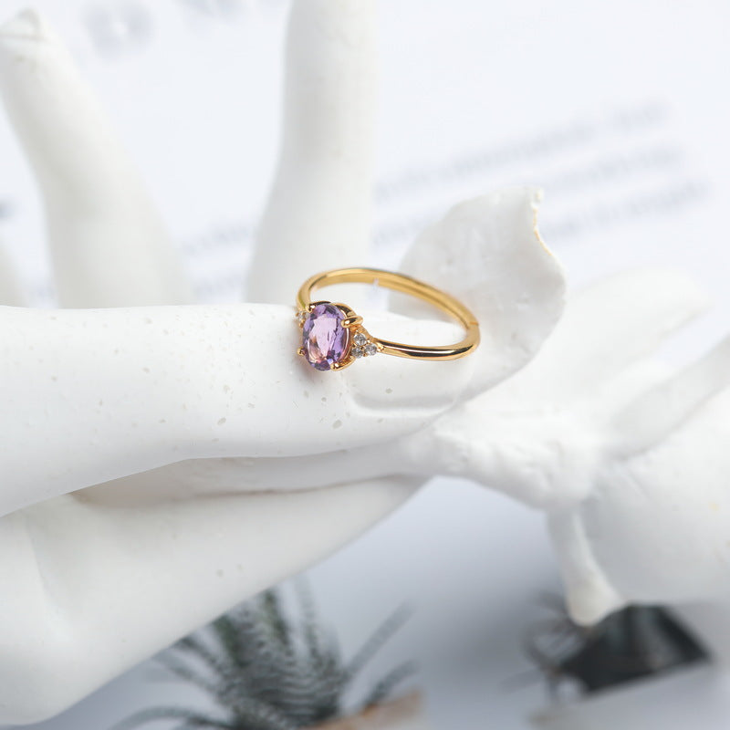 S925 Sterling Silver Jewelry Ring Natural Amethyst Gemstone Gold Plating Rings