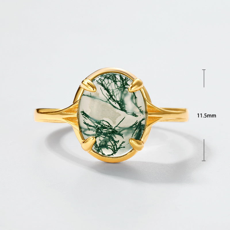 S925 Sterling Silver Jewelry Ring Natural Moss Agate Gemstone Gold Plating Fashion Rings