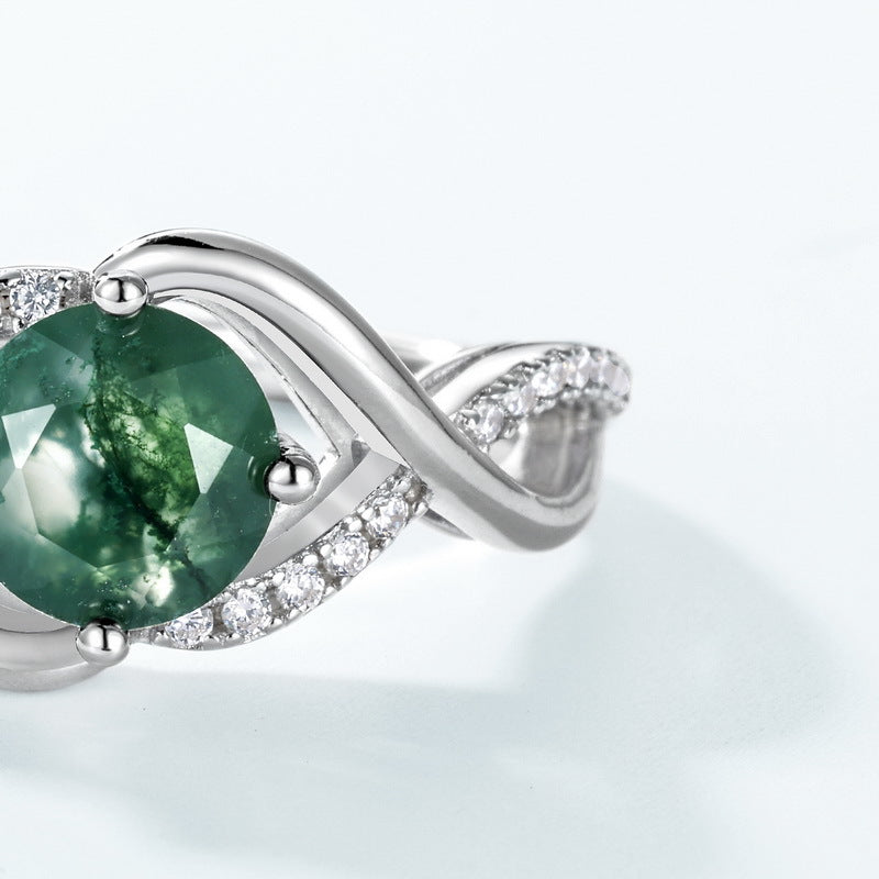 S925 Sterling Silver Jewelry Ring Natural Moss Agate Gemstone Wave Style Simple Luxury Rings