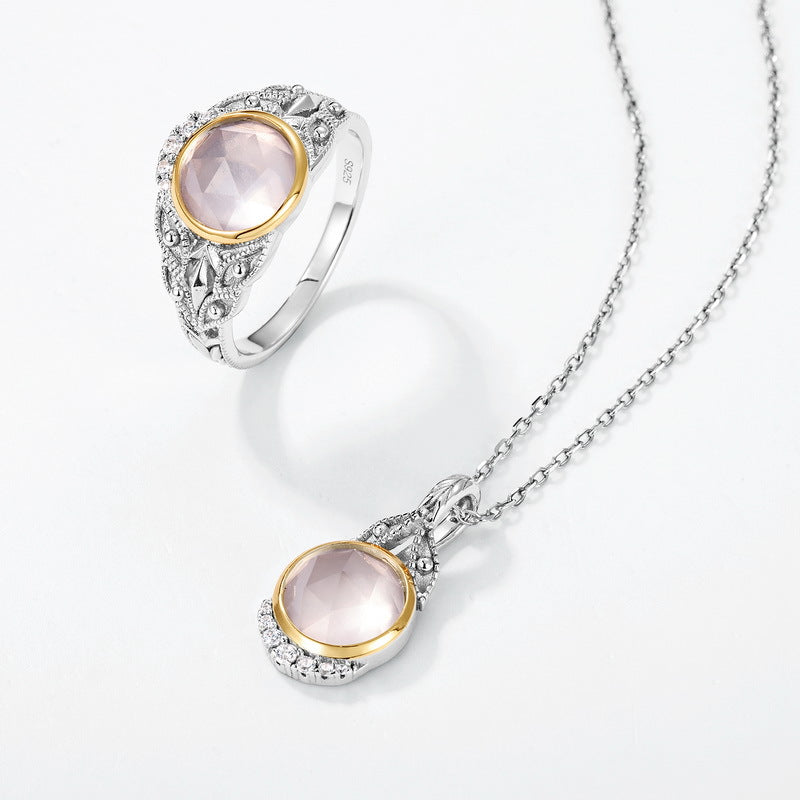 S925 Sterling Silver Jewelry Pendants Natural Rose Quartz Vintage Style Necklace Charms
