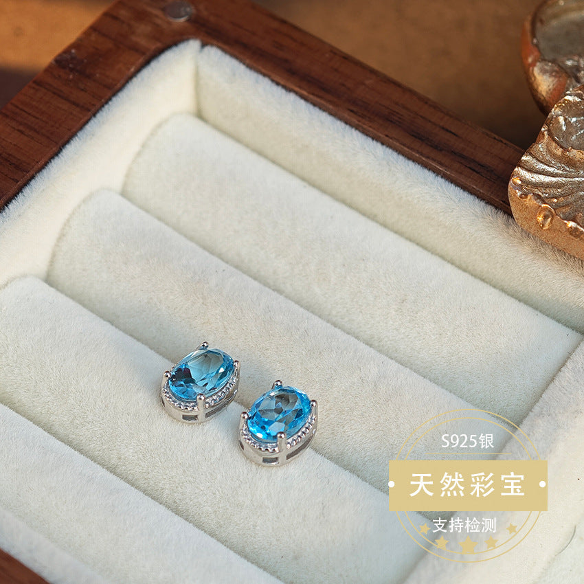 Natural Topaz Gemstone Fine Jewelry 925 Sterling Silver Oval Light Luxury Stud Earrings