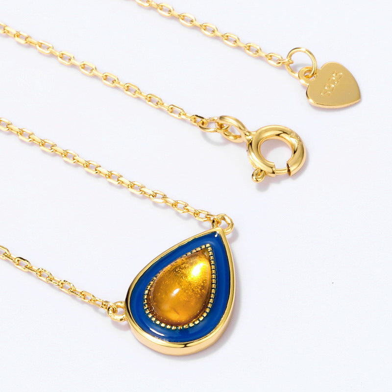 S925 Sterling Silver Jewelry Necklace Natural Amber Enamel Water Drop Style Charms Necklaces