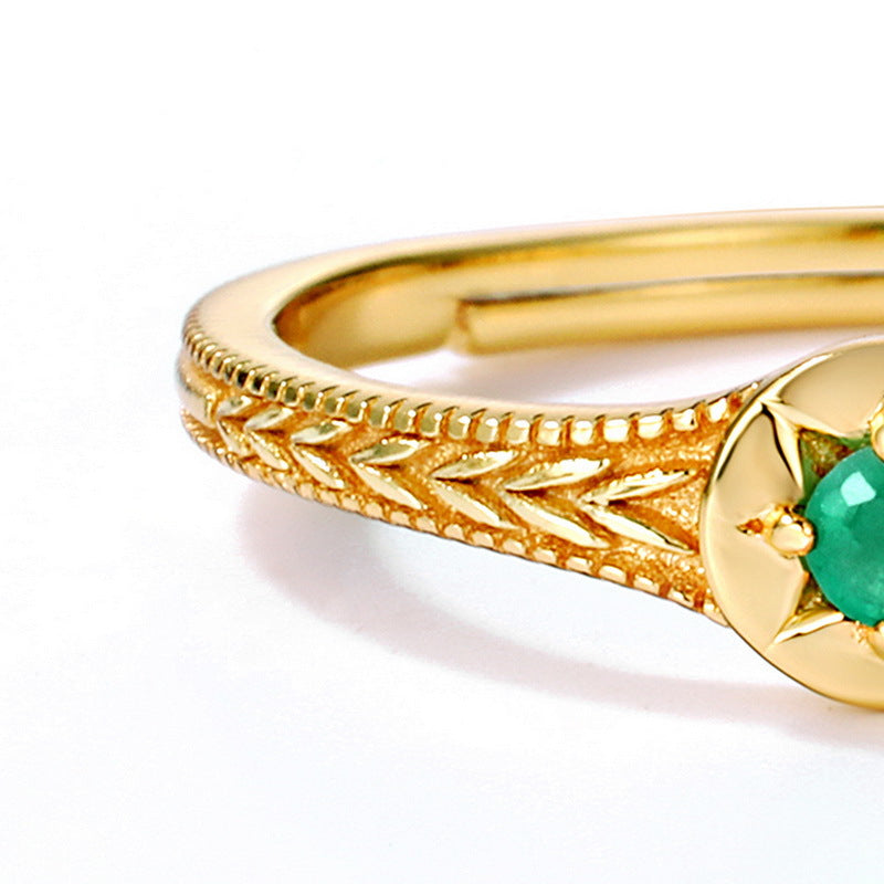 S925 Sterling Silver Jewelry Ring Natural Emerald Gemstone Vintage Star Style Rings