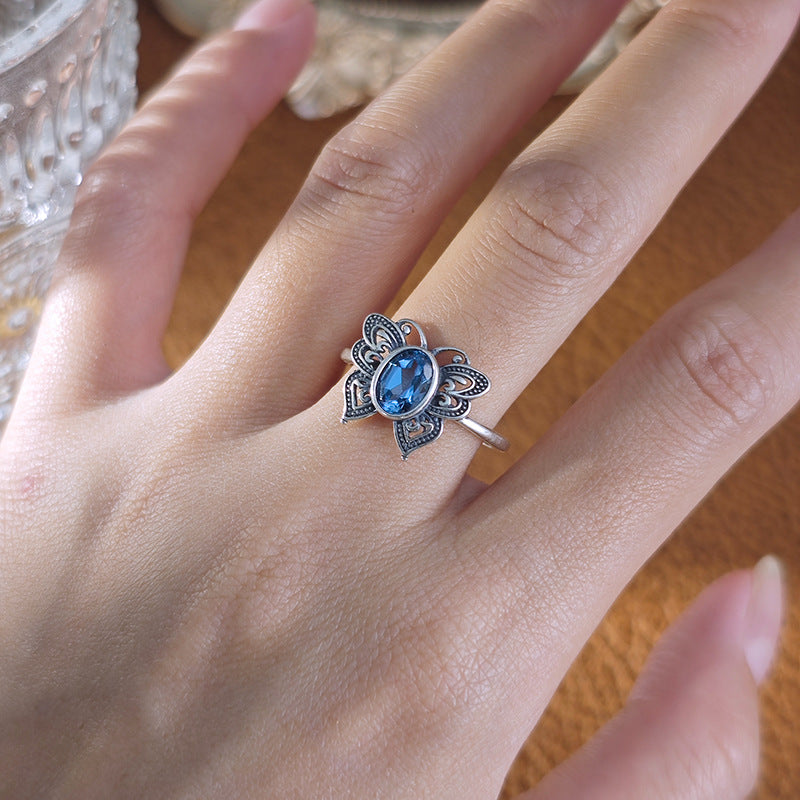 Natural Swiss Blue Topaz Gemstone Fine Jewelry 925 Sterling Silver Vintage Style Butterfly Jewelry Rings