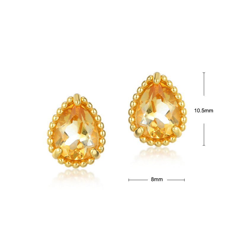 S925 Sterling Silver Jewelry Earrings Natural Citrine Gemstone Water Drop Style Stud Earrings