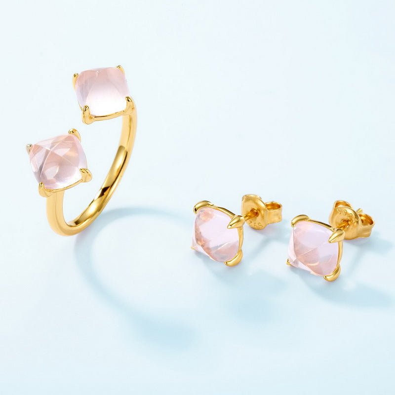S925 Sterling Silver Jewelry Earrings Natural Rose Quartz Fashion Style Stud Earrings