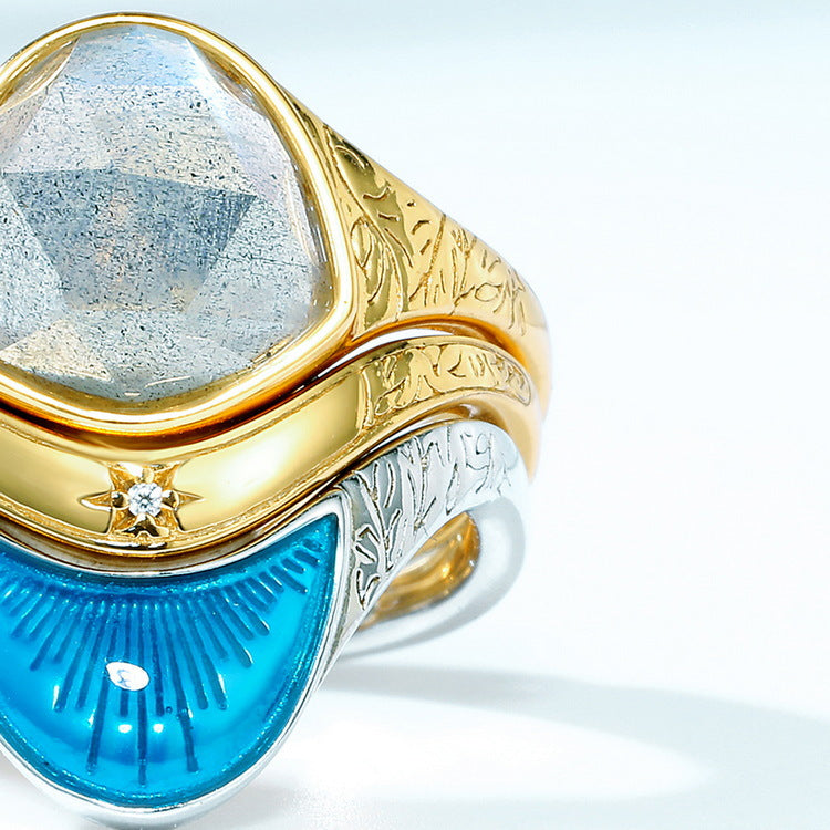 S925 Sterling Silver Jewelry Ring Natural Labradorite Gemstone Irregular Style Stacking Rings