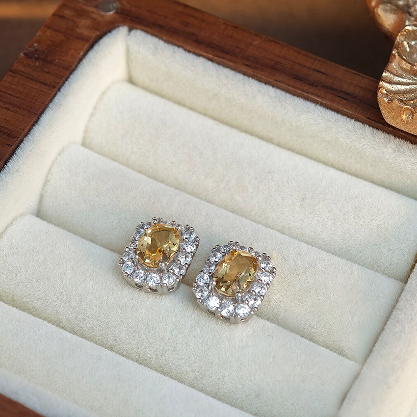 S925 Sterling Silver Jewelry Earrings Natural Citrine Gemstone Square Style Stud Earrings
