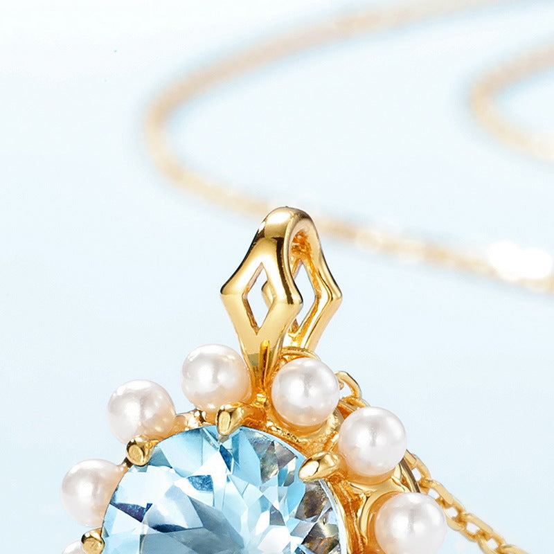 S925 Sterling Silver Jewelry Pendants Natural Sky Blue Topaz Gemstone Pearl Necklace Charms