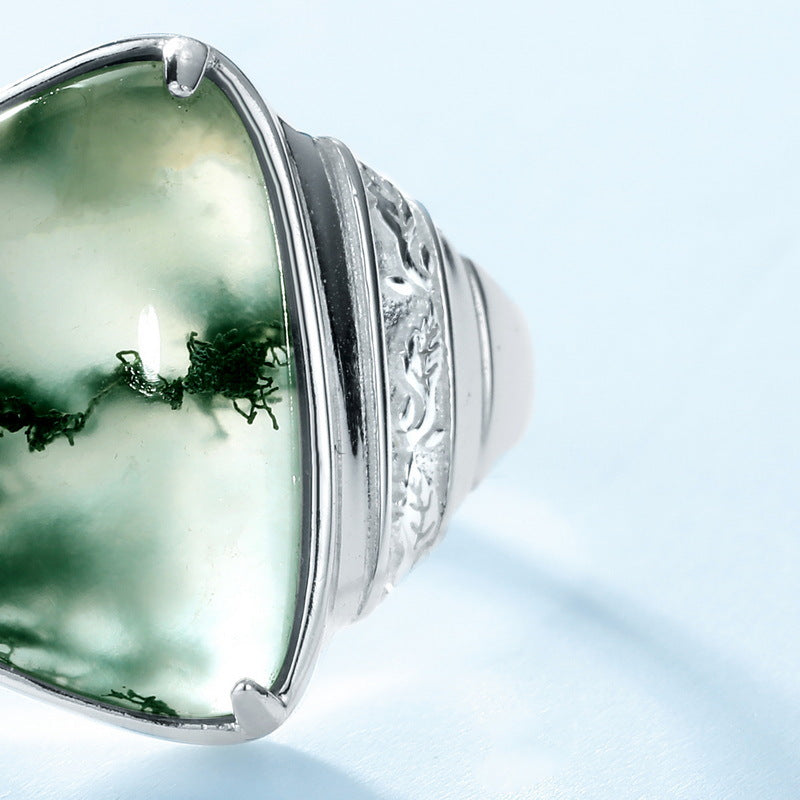 S925 Sterling Silver Jewelry Ring Natural Moss Agate Gemstone Irregular Vintage Style Rings