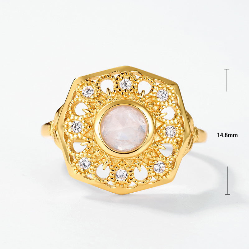 S925 Sterling Silver Jewelry Ring Natural Moonstone Gemstone Sunflower Style Luxury Rings