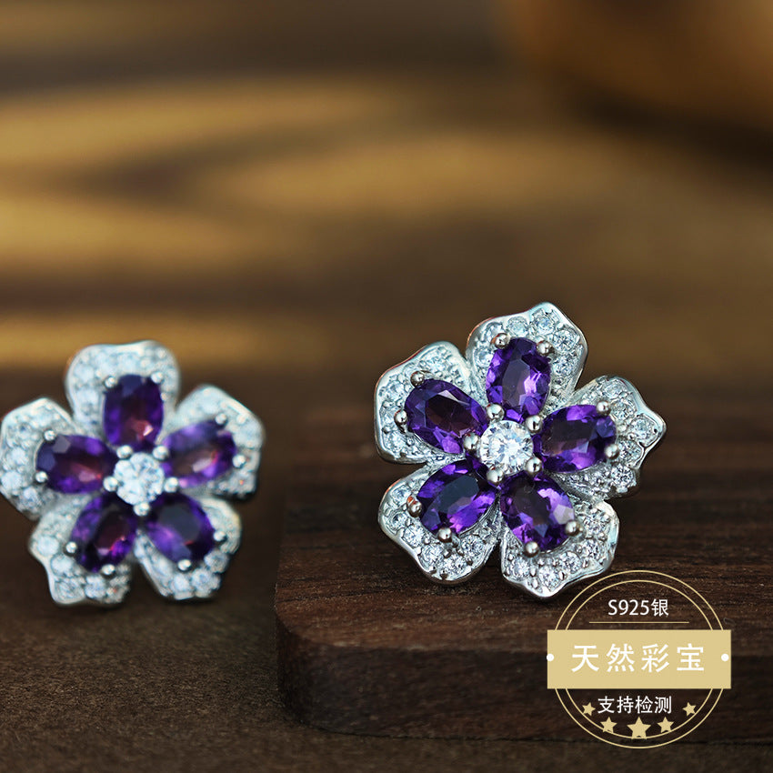 Natural Amethyst Gemstone Fine Jewelry 925 Sterling Silver Floral Style Stud Earrings