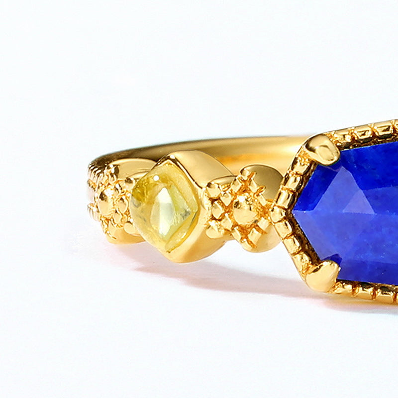 S925 Sterling Silver Jewelry Ring Natural Lapis Lazuli Gemstone Geometric Style Rings