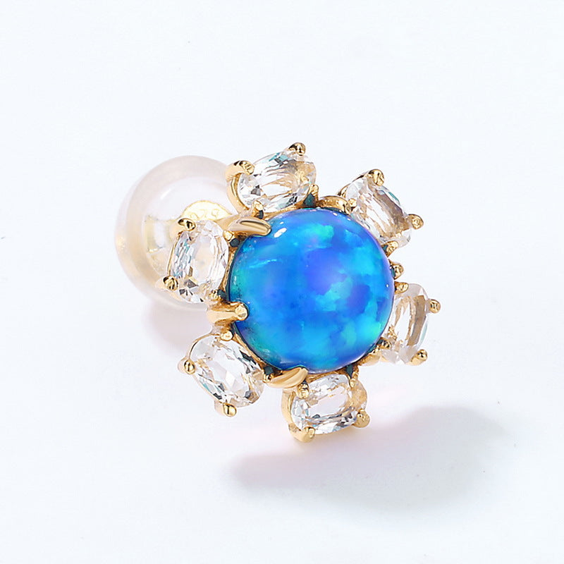 S925 Sterling Silver Jewelry Earrings Gold Plating Blue Opal Gemstone Floral Style Stud Earrings