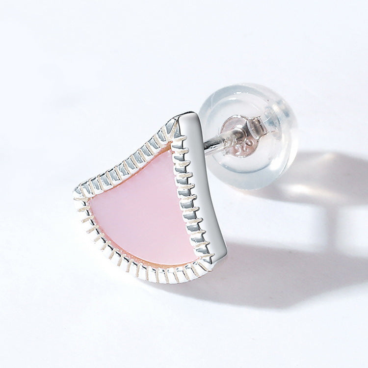 S925 Sterling Silver Jewelry Earrings Natural Pink Shell Gemstone Geometric Sector Style Earrings