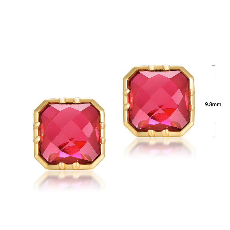 S925 Sterling Silver Jewelry Earrings Red Corundum Gemstone Square Style Stud Earrings