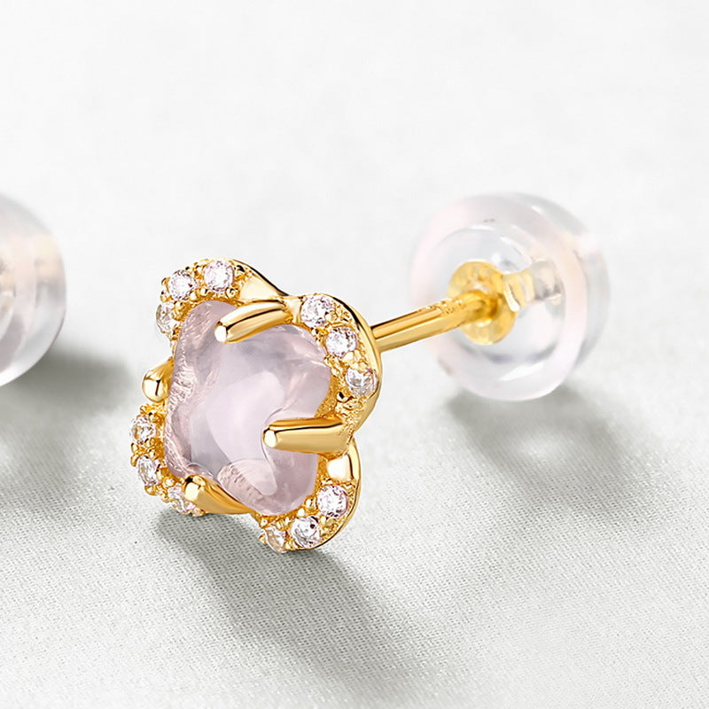 S925 Sterling Silver Jewelry Earrings Natural Rose Quartz Lucky Clover Style Stud Earrings