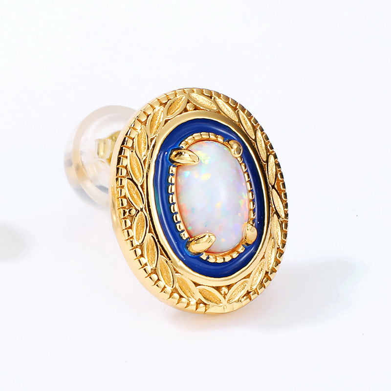 S925 Sterling Silver Jewelry Opal Gemstone Enamel Craft Vintage Style Luxury Earrings