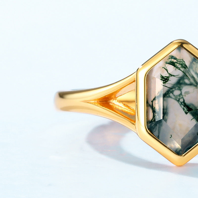 S925 Sterling Silver Jewelry Ring Natural Moss Agate Gemstone Geometric Simple Luxury Rings